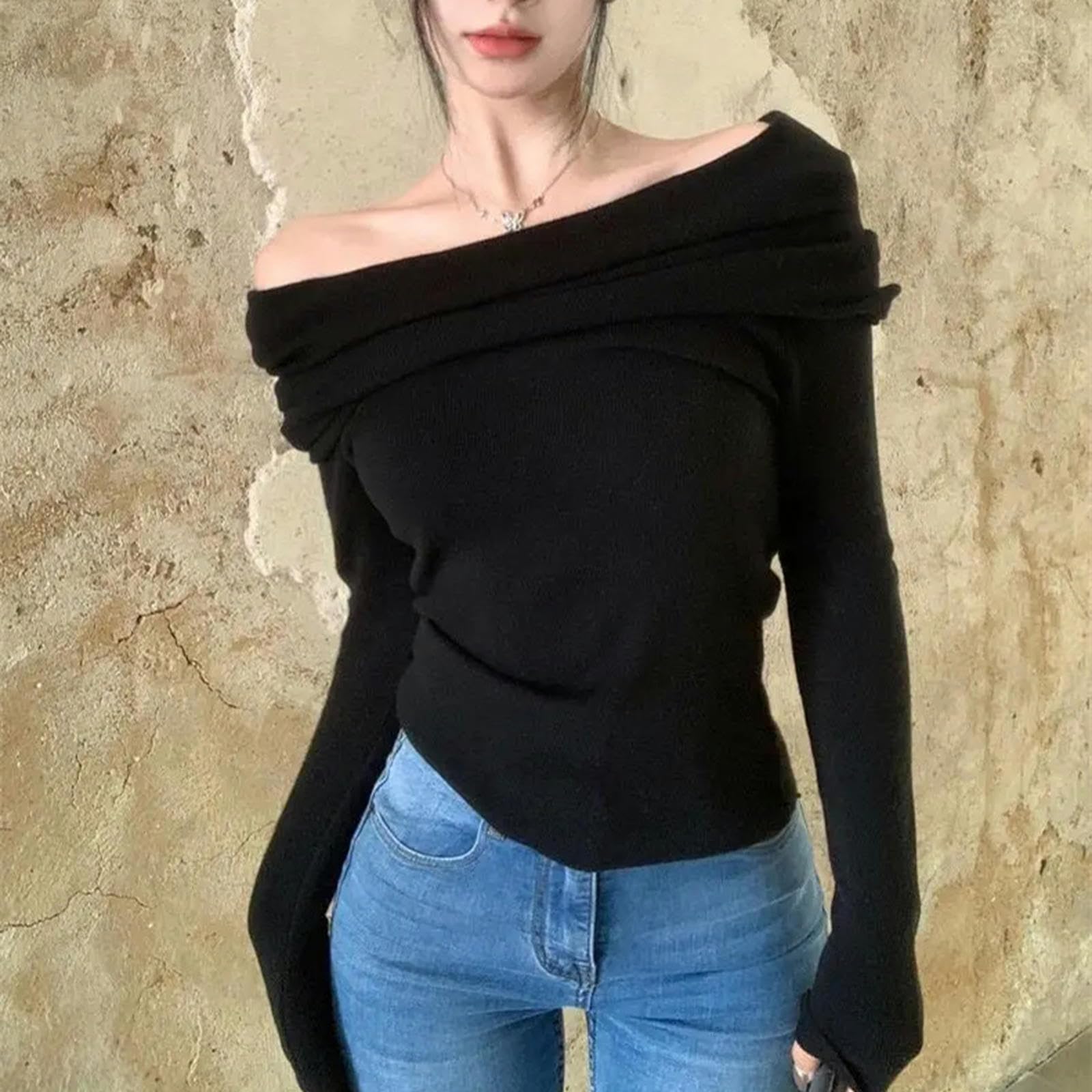 Maglione Donna Design del Maglione A Maglieria Fuori Spalla Design A Maniche Lunghe Donne Maglione da Donna Femminile Primaverile Sexy Camicia da Fondo Magro-Albicocca del Latte-m