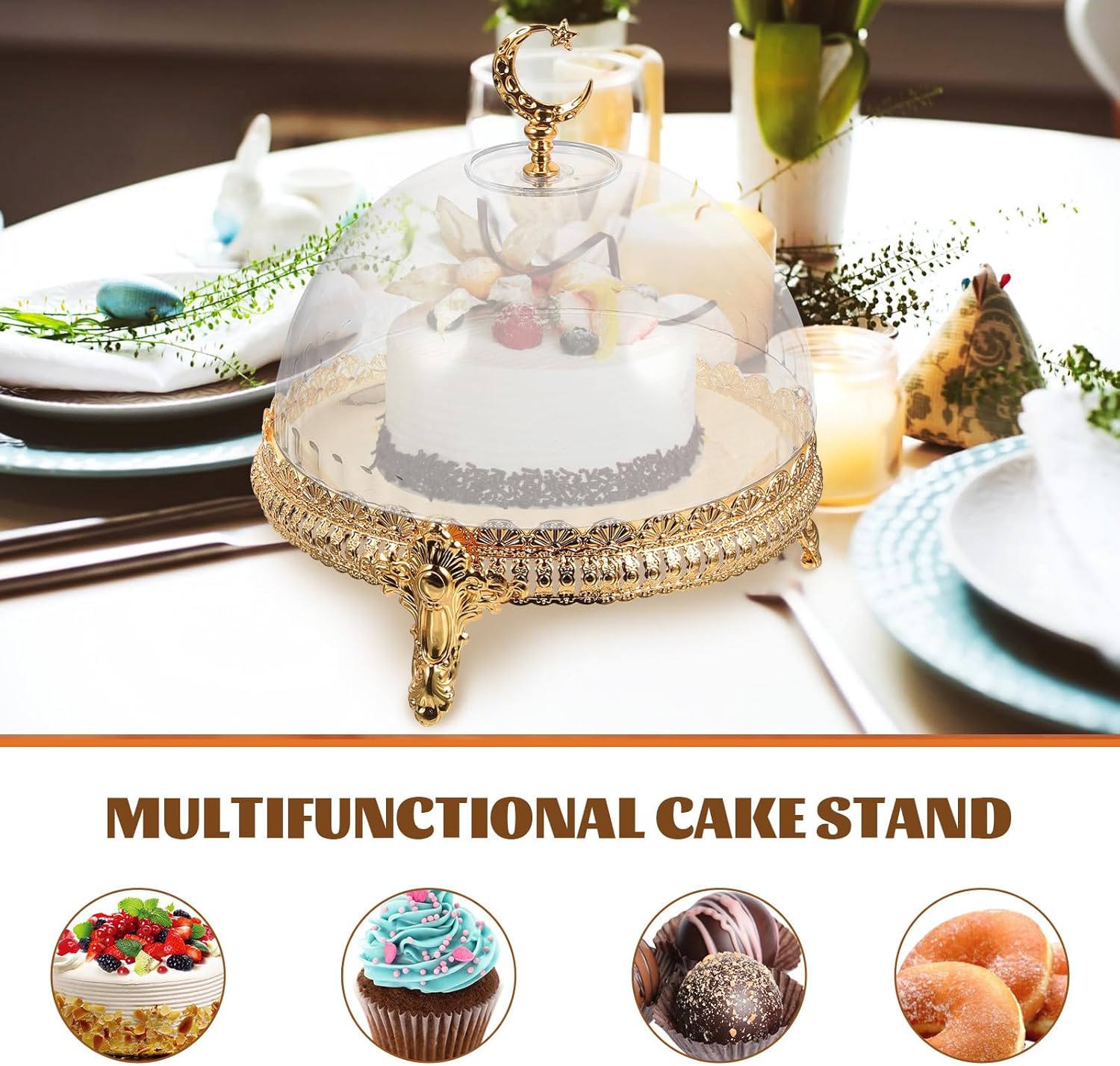 YARNOW Ramadan Tray - 8. 6 Inch, Gold Eid Mubarak Cake Stand with Dome Lid for Party, Wedding, Home Display
