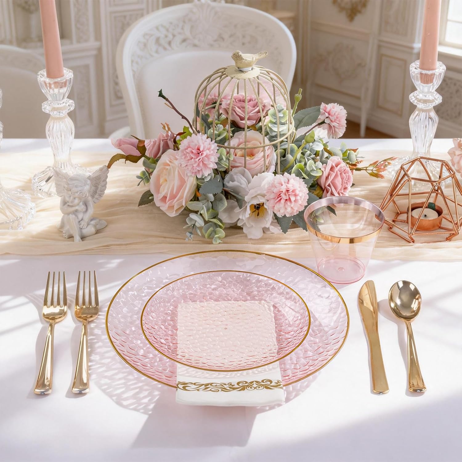 DaYammi 100 Pcs Pink Gold Dessert Plates hammered party plates, Pink Disposable Plates With Gold Rim, 7 Inch Dessert Platos Disposable, Plastic Appetizer Plates Perfect for Mother's Day - Image 2