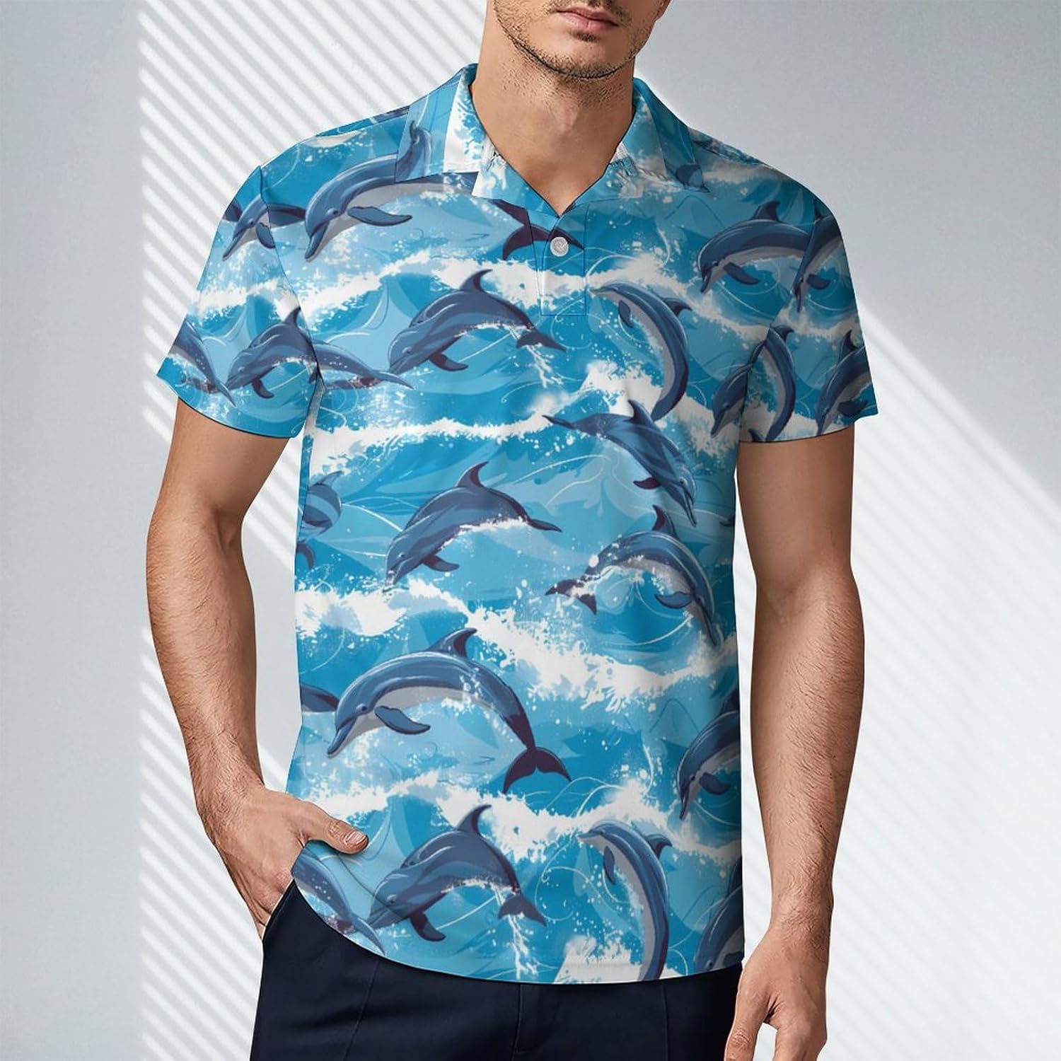 Dolphins in Waves Novelty Men's Short Sleeve Shirt Golf Tennis Shirts Work T-Shirt Sport Tee