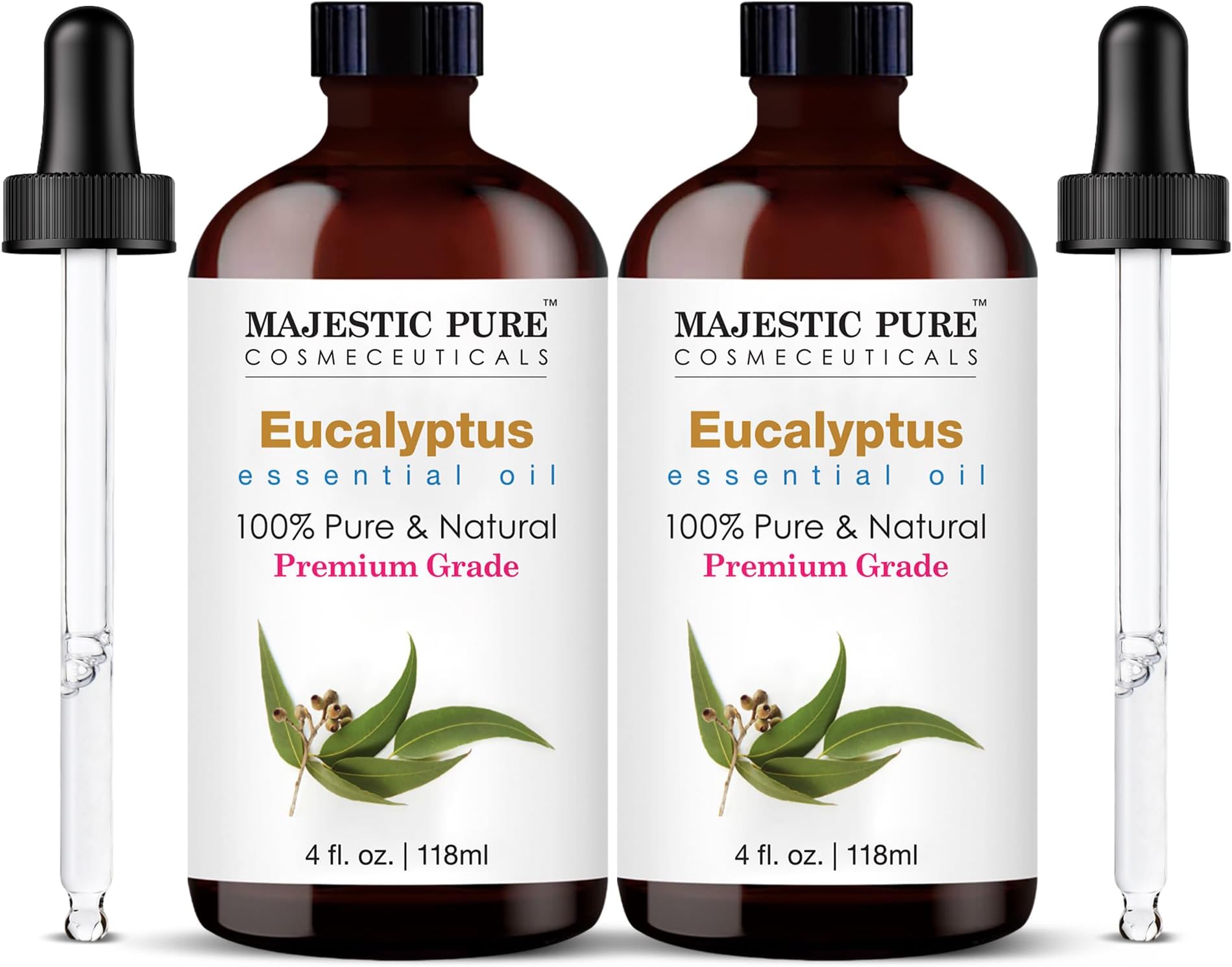 Majestic Pure Essential Oil with Glass Dropper - 100% Pure and Natural - Essential Oils for Diffuser, Aromatherapy, Soap and Candle Making, Eucalyptus Essential Oil, Eucalyptus Oil, 4 Fl Oz Pack of 2