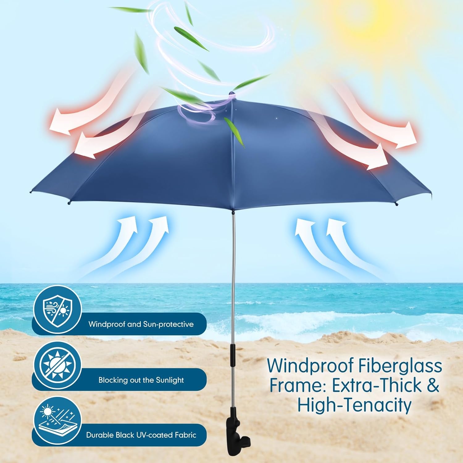 2 Pack Beach Umbrellas with Clamp 48 Inch Adjustable Umbrella 360° Universal Clamp Summer Beach Sunshade for Sand Patio Yard Camping Strollers Wheelchair, Chair Not Included(Deep Blue)