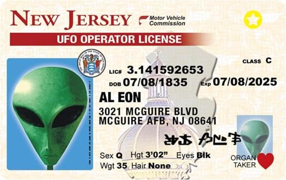 Signs 4 Fun Parody Drivers License | New Jersey Alien ID | Fake ID Novelty Card | Collectible Trading Card Drivers License | Novelty Gift for Holidays | Made in The USA