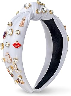 Music Jeweled Knotted Headband - Singer Fans Gift Guitar Red Lip Rhinestone Crystal Embellished Headband Wide Top Knot Fashion Hairband Birthday Back To School Gift for Women Girls (White)