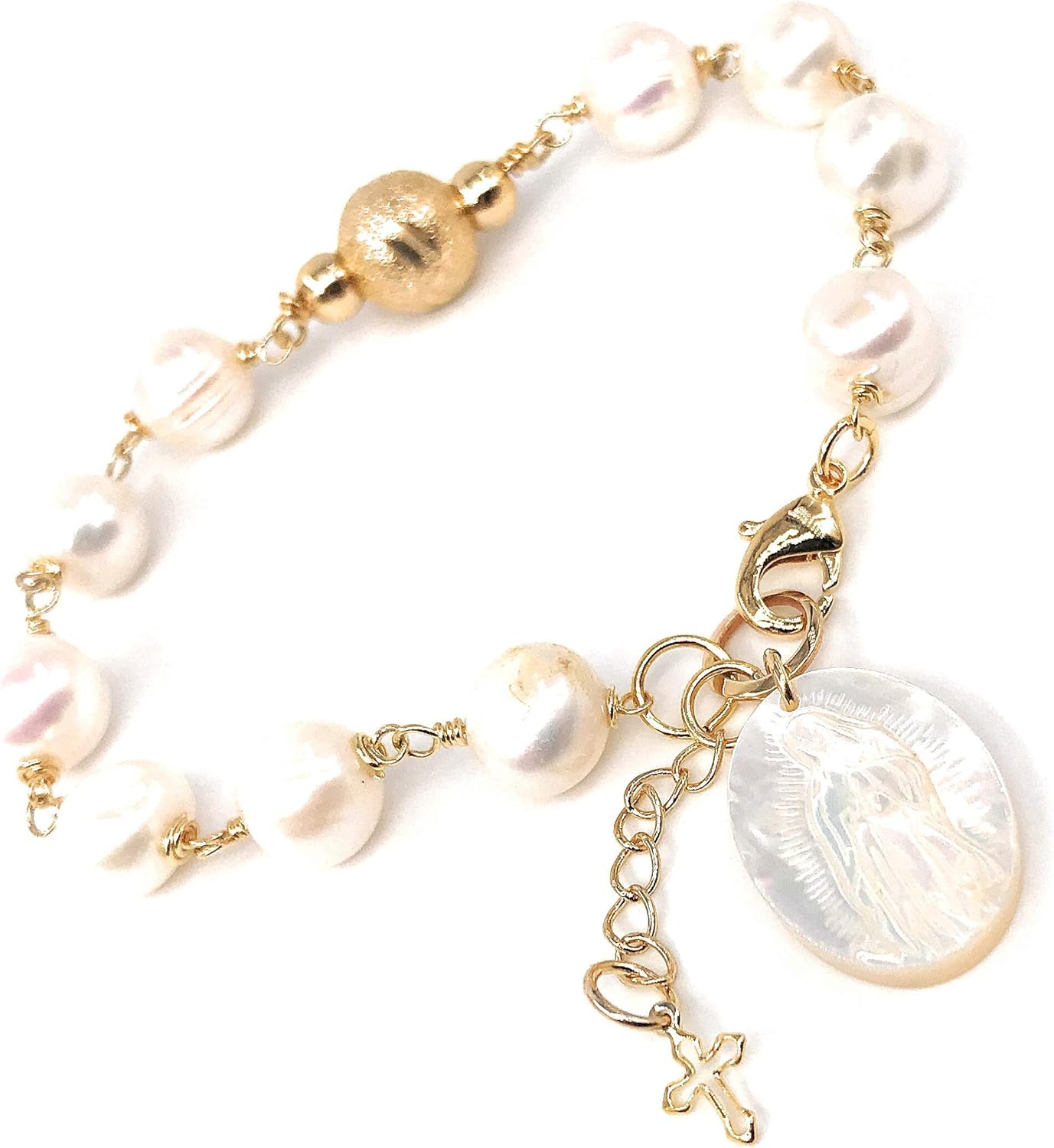 SIFRIMANIA Virgin Mary Medal Adjustable Cultured Pearl Handmade Bracelet