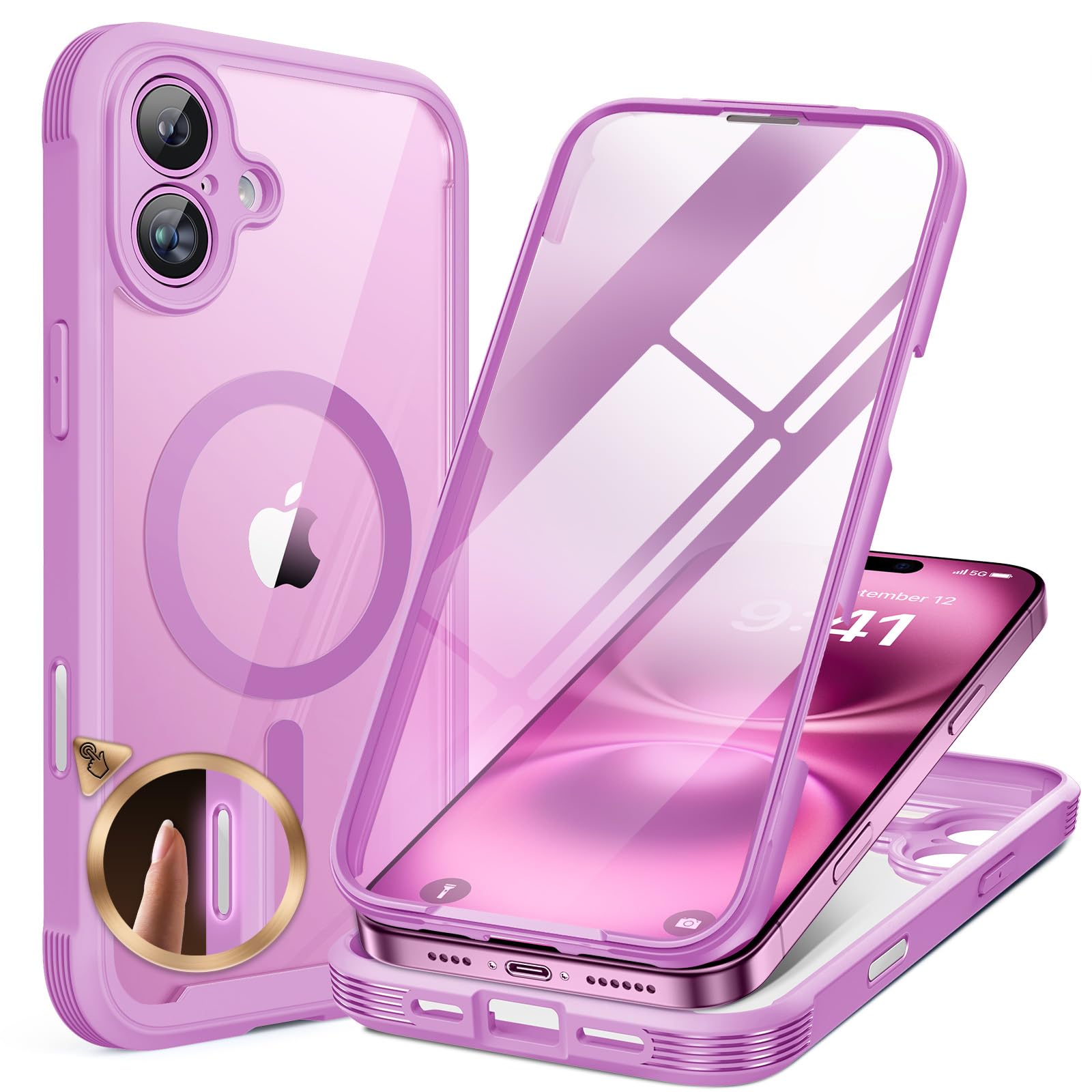 Miracase for iPhone 16 Case 6.1'', [Bubble Free] Full-Body Bumper Phone case with Built-in Full Glass Screen &Camera Control,No Gap,Compatible with MagSafe,Drop Proof 16 Cover,Pink