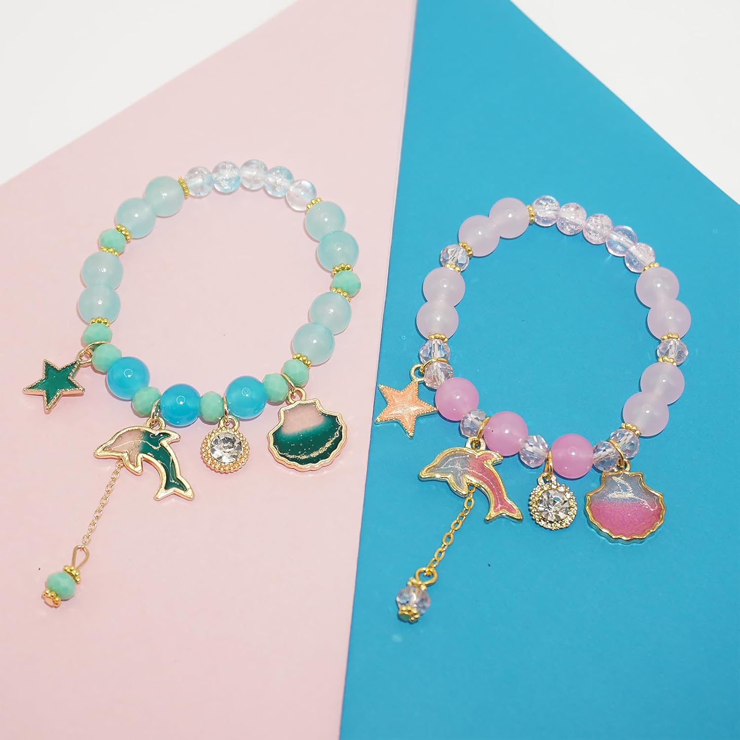 2 Pcs Dolphin Elastic Bracelet, Star Shell Bracelet, Pink Blue Crystal Bracelet - Image 3