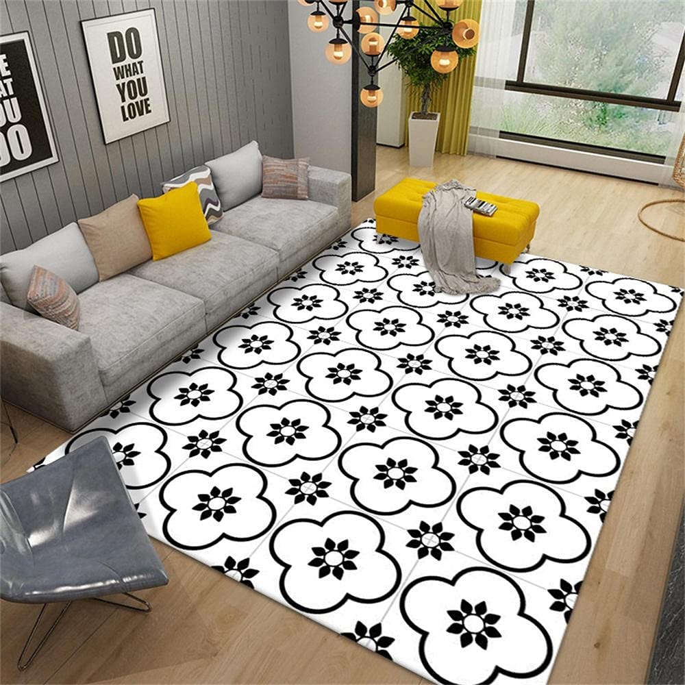Tapis ado garçon graphique fleur noir blanc 80x160cm antidérapant