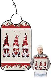 BOBOWUNY Valentine Gnomes Adult Bibs for Elder Women Men Eating, Red Love Heart Checkered Roses Waterproof & Washable Bibs for Eating Clothing Protector Dining Bibs for Crumb Catcher