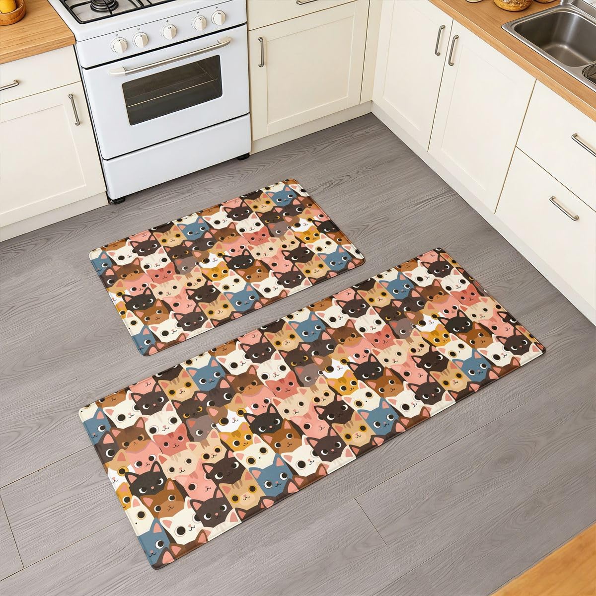 Feelyou Cat Kitchen Rugs Sets 2PCS，Cats Print Kitchen Mats for Floor，Kitten Cushioned Anti Fatigue，Pet Waterproof Non-Slip Rugs for Office Laundry Room Decor Accessories 17.3"x28"+17.3"x47"inch image 3