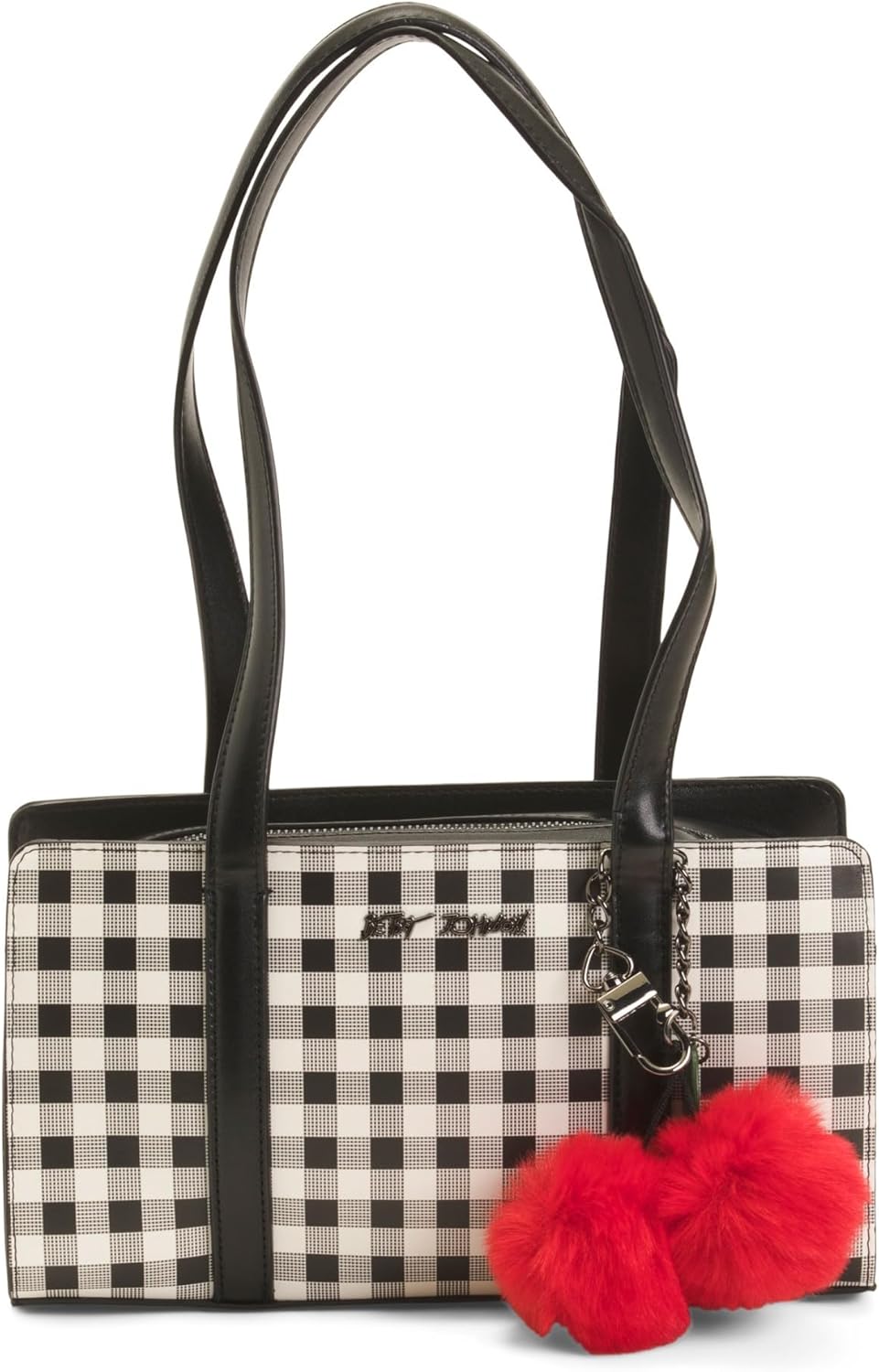 Betsey Johnson Gingham Shoulder Bag with Red Fuzzy Pom Pom Charm, Black and White, 11 x 6.25 Inches
