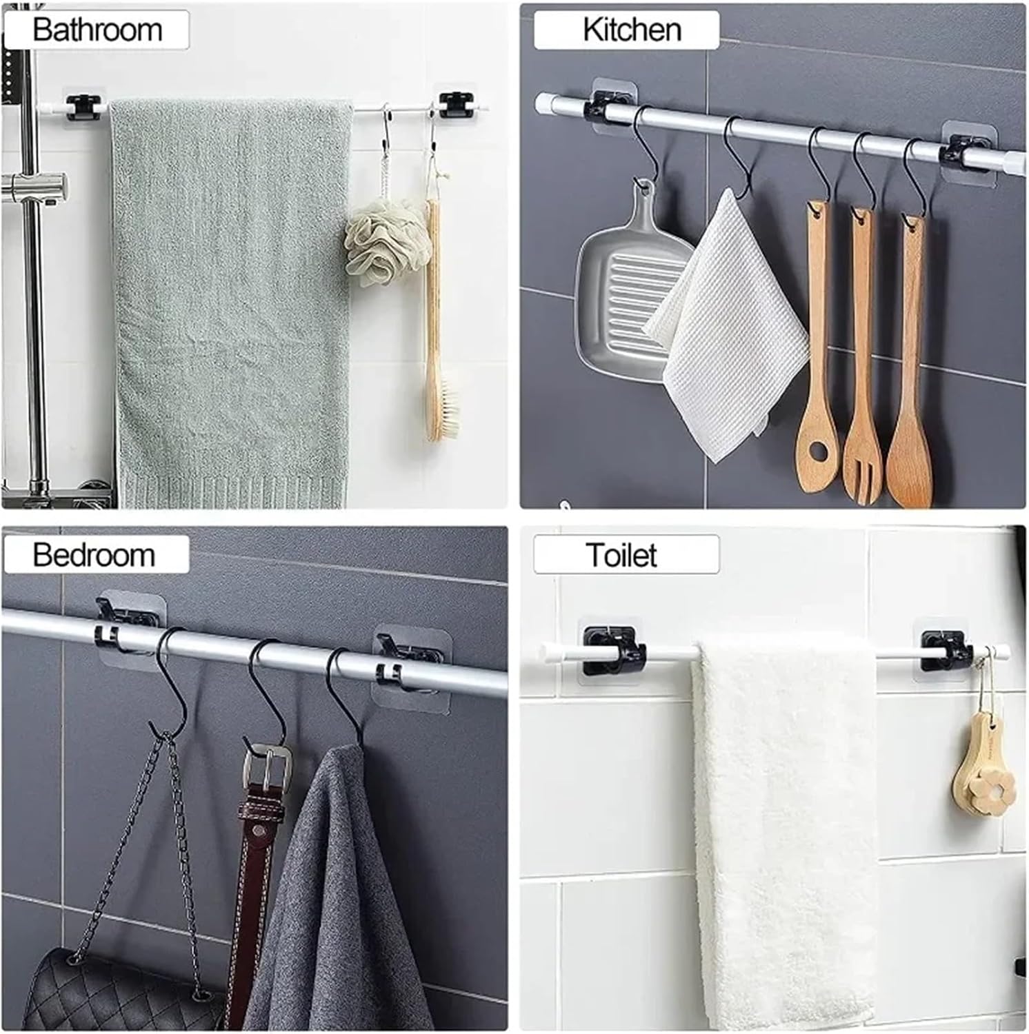 Curtain Rod Bracket 10Pcs Curtain Rod Holder Hook Self-Adhesive Nail-Free Curtain Clamp Hooks Adjustable Wall Hanging Rack Holder for Hardware Replacement(Black)