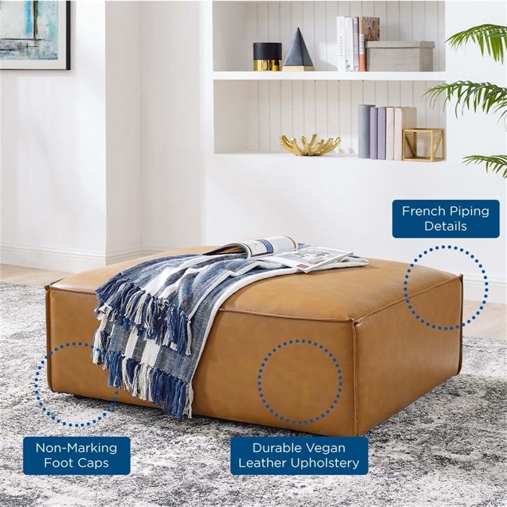 Pemberly Row Modern Faux Leather Ottoman, Tan Finish, 16.5" H x 35" W x 41.5" D, Vegan Leather Upholstery, French Piping, Pocket Coil System, Modular Connectors, Living Room Lounge Seating