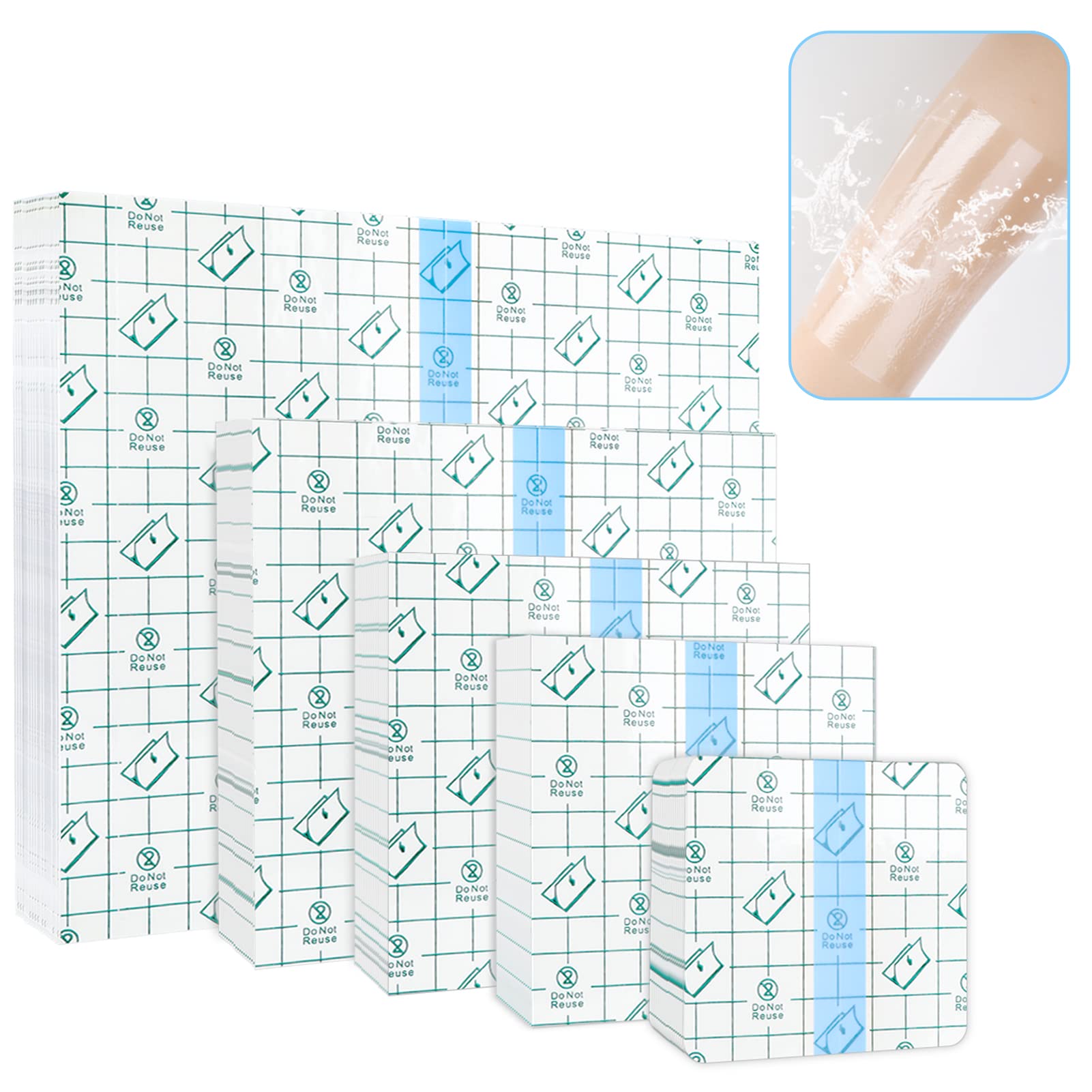100PCS Waterproof Transparent Bandage Set, Stretch Adhesive Clear Aftercare Protective Tattoo Patch Cover Dressing Tape for Daily Home Outdoor Shower Swimming Use (5 Sizes 100PCS)