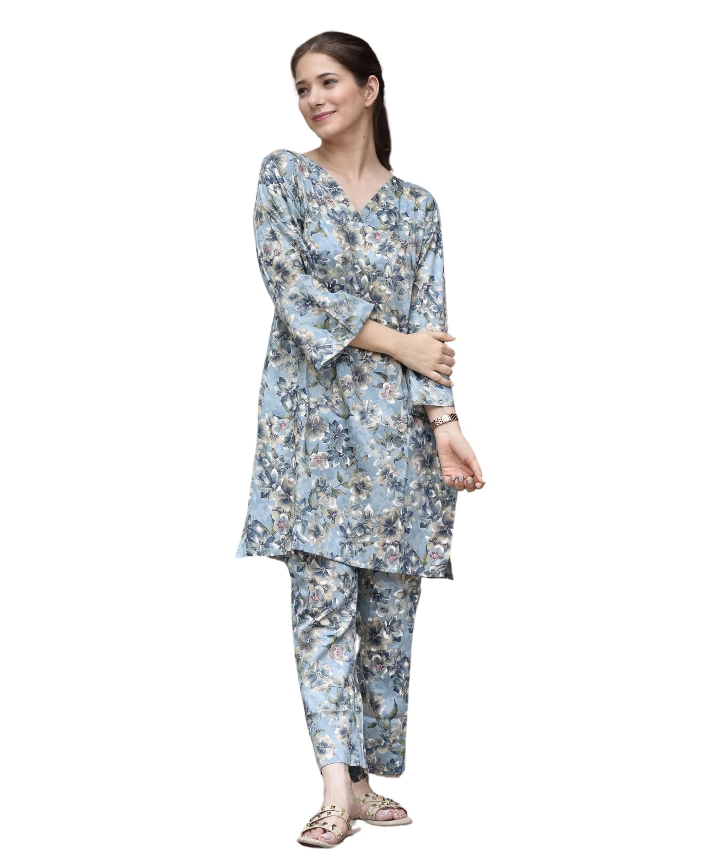 Fabnex Cotton Blend Regular Women Kurta Set (Kk-32-Blue-M_Blue
