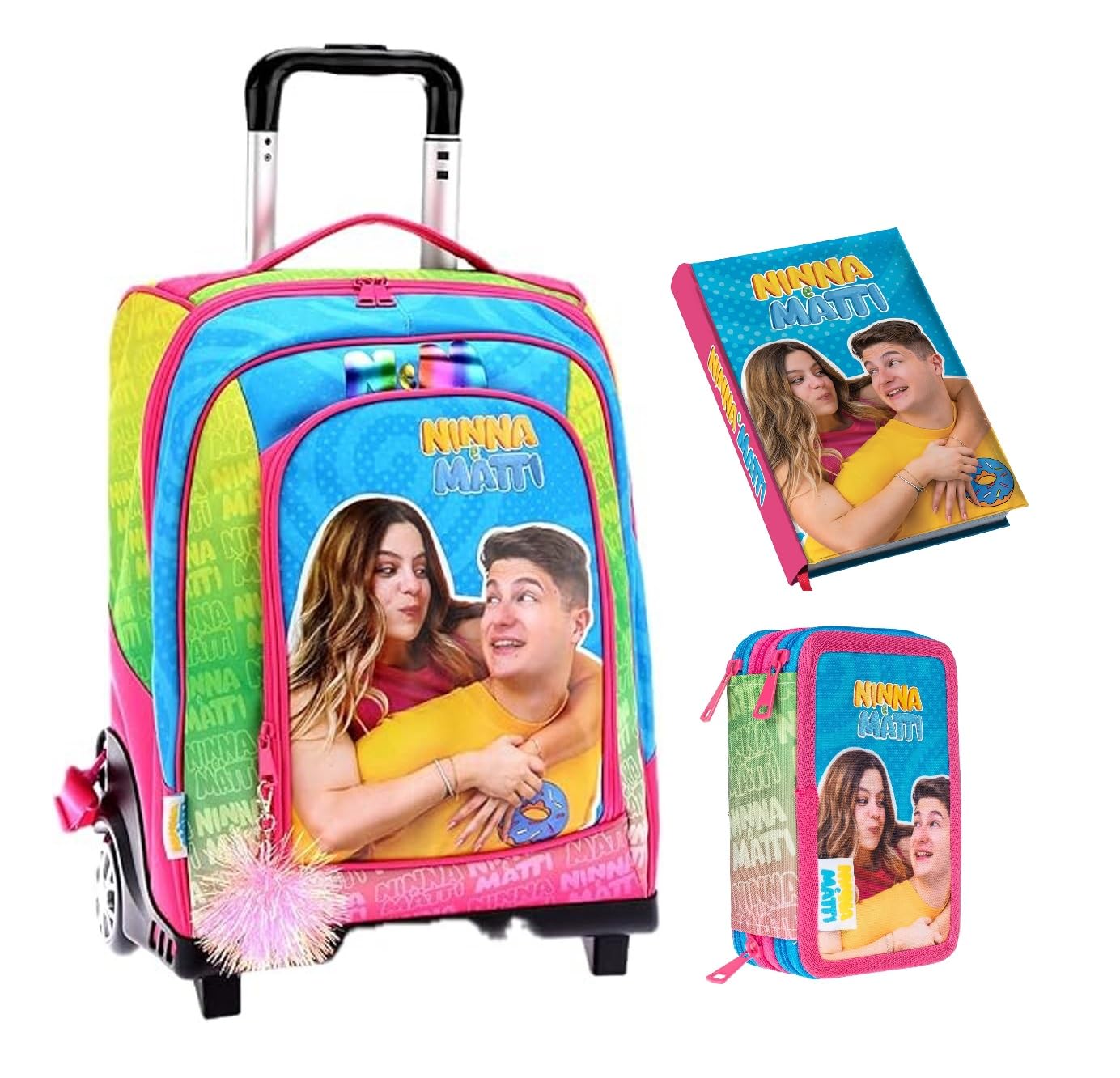 PRESTIGE & DELUXE Trolley Zaino Ninna & Matti per la scuola Bambine + Astuccio 3 piani + Agenda + omaggio 7 penne e portachiave paillettes