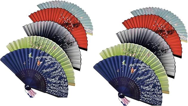 2025 New 5PCS Folding Hand Fans, 8.4" Mysterious Oriental Stylish Vintage Bamboo Silk Fan. Ideal for Party, Home Decor and Events 5Pack, Mixed Colors 10