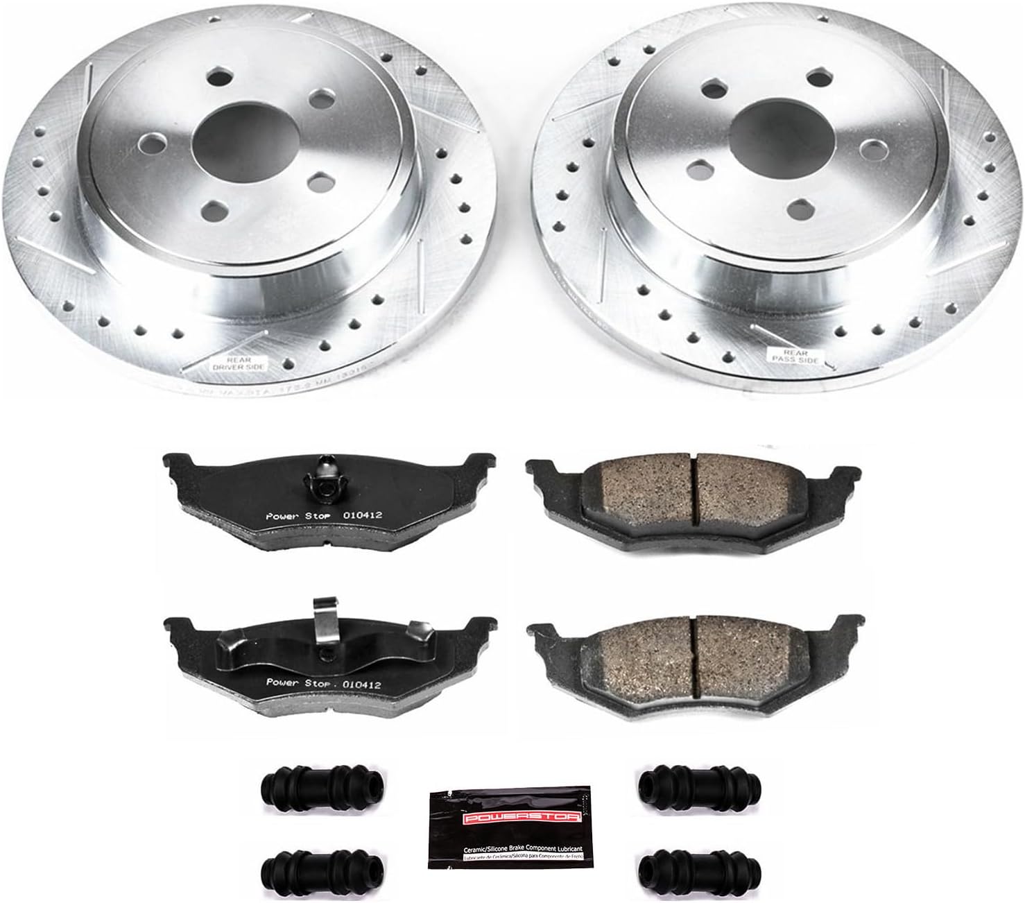 PowerStop Rear Brake Kit For Chrysler PT Cruiser 2003-10 | Dodge Neon 2003-05 - Drilled and Slotted Disc Rotors with Ceramic Brake Pads Replacement, K1709