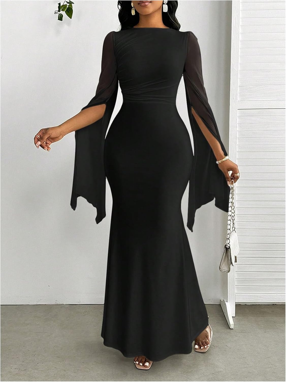 OYOANGLE Women's Slit Mesh Bell Sleeve Fishtail Long Dress Ruched Cocktail Bodycon Dresses - Image 5