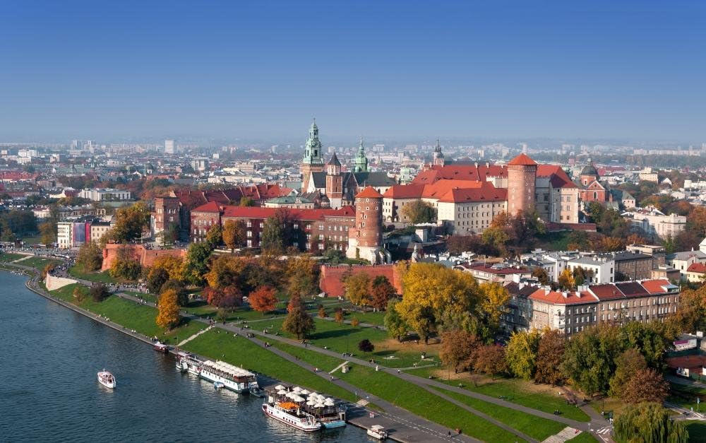 Wallmonkeys Krakow Skyline with Wawel Castle in Fall Wall Decal Peel and Stick Graphic WM160979 (24 in W x 15 in H)