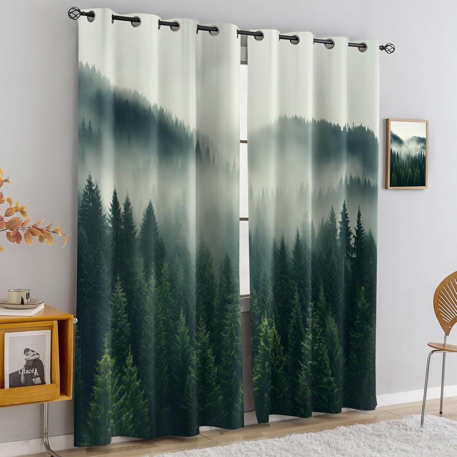 Foggy Forest Printed Curtains & Home Decor, Smoky Forest Blackout Curtains for Bedroom 40 inch Long, Woodland Landscape Grommet Thermal Curtains 2 Panels Set