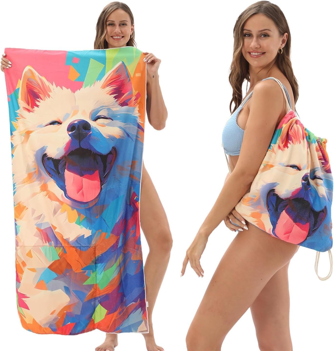 FWJZDSP 2 in 1 Packable Towel Bag for Women- Summer Tropical Beach Blanket Backpack Green Travel Picnic Towel for Family Holiday Camping (Dog)