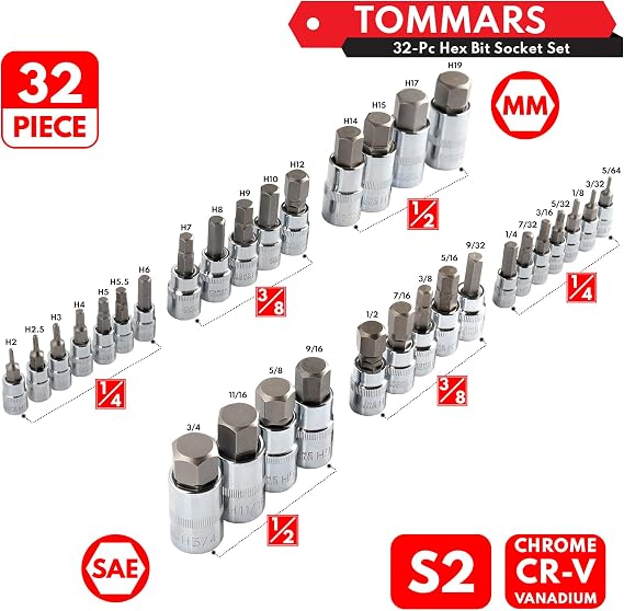TOMMARS 3/8 Drive Stubby Ratchet with 32-PC Master Hex Bit Socket Set
