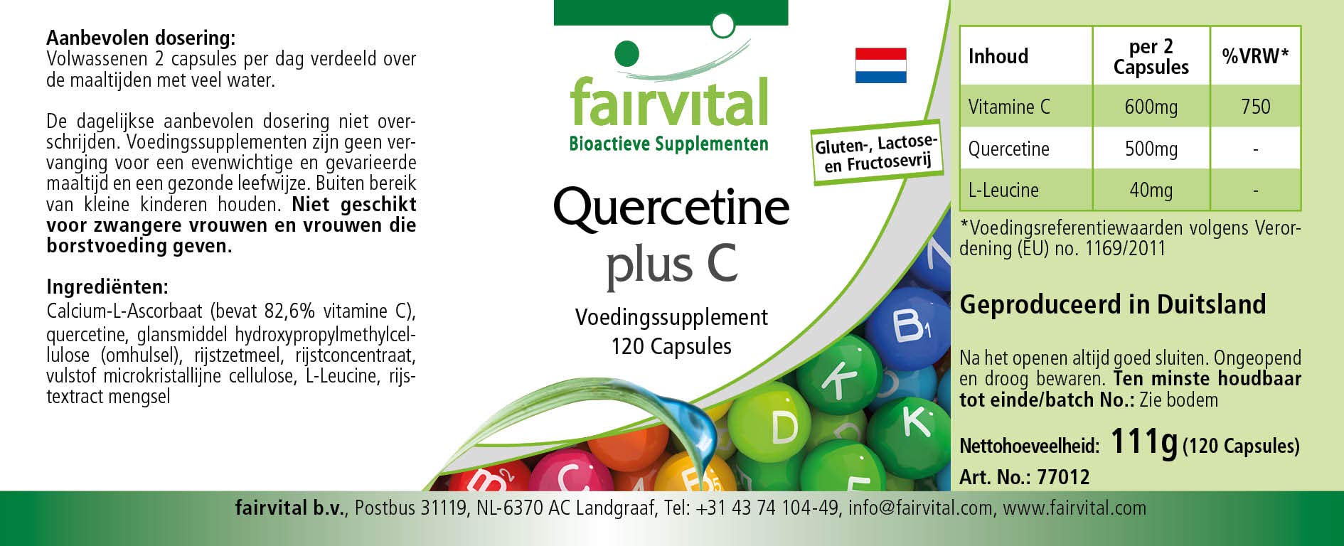 fairvital Gélules de quercétine à la vitamine C, 120 gélules, HAUTEMENT DOSÉ, 250mg de quercétine plus 300mg de vitamine C par gélule, VÉGÉTALIEN, antioxydant