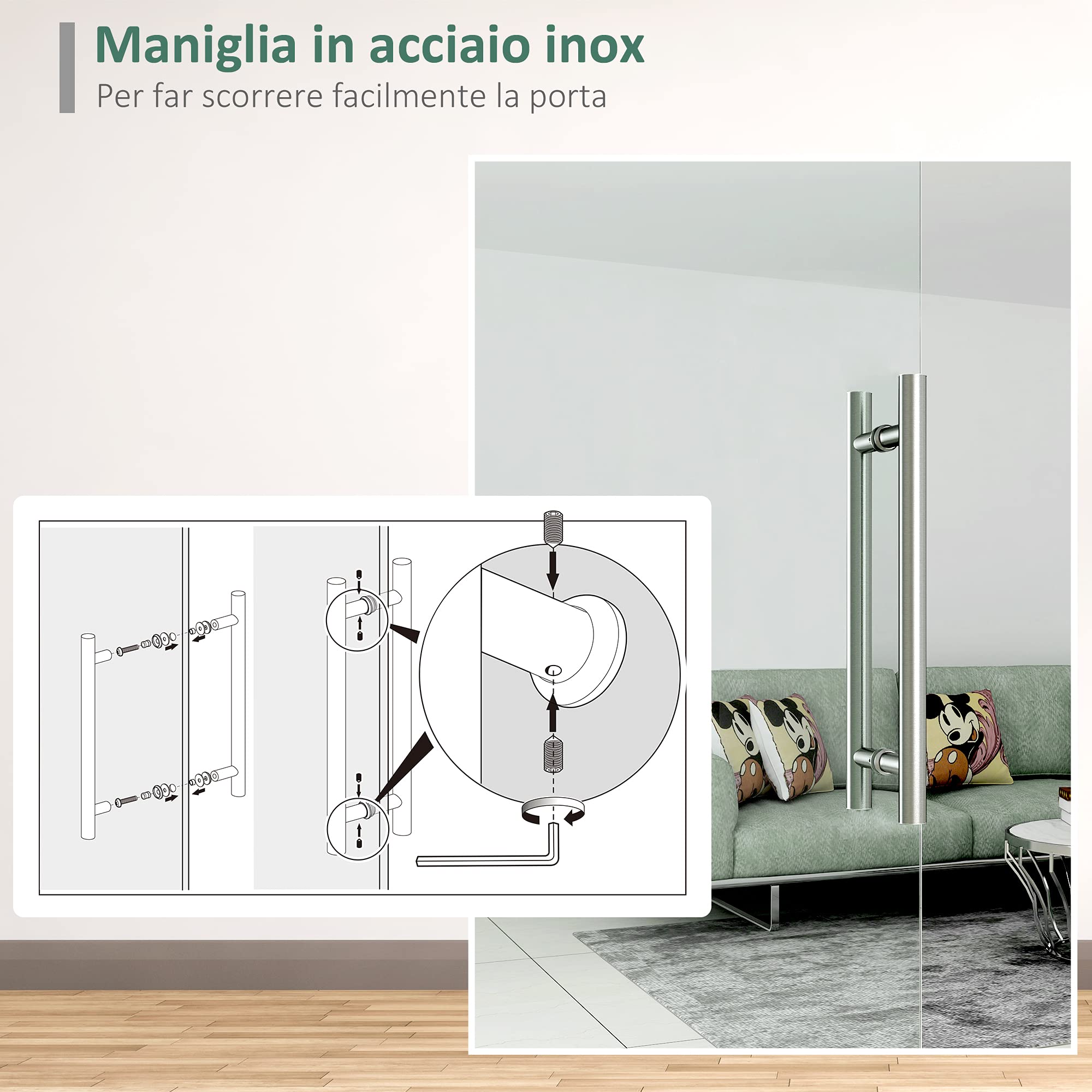 HOMCOM Porta Scorrevole in Vetro Trasparente con Binario e Maniglia in Alluminio per Bagno Cucina Studio 210x75x0.8cm