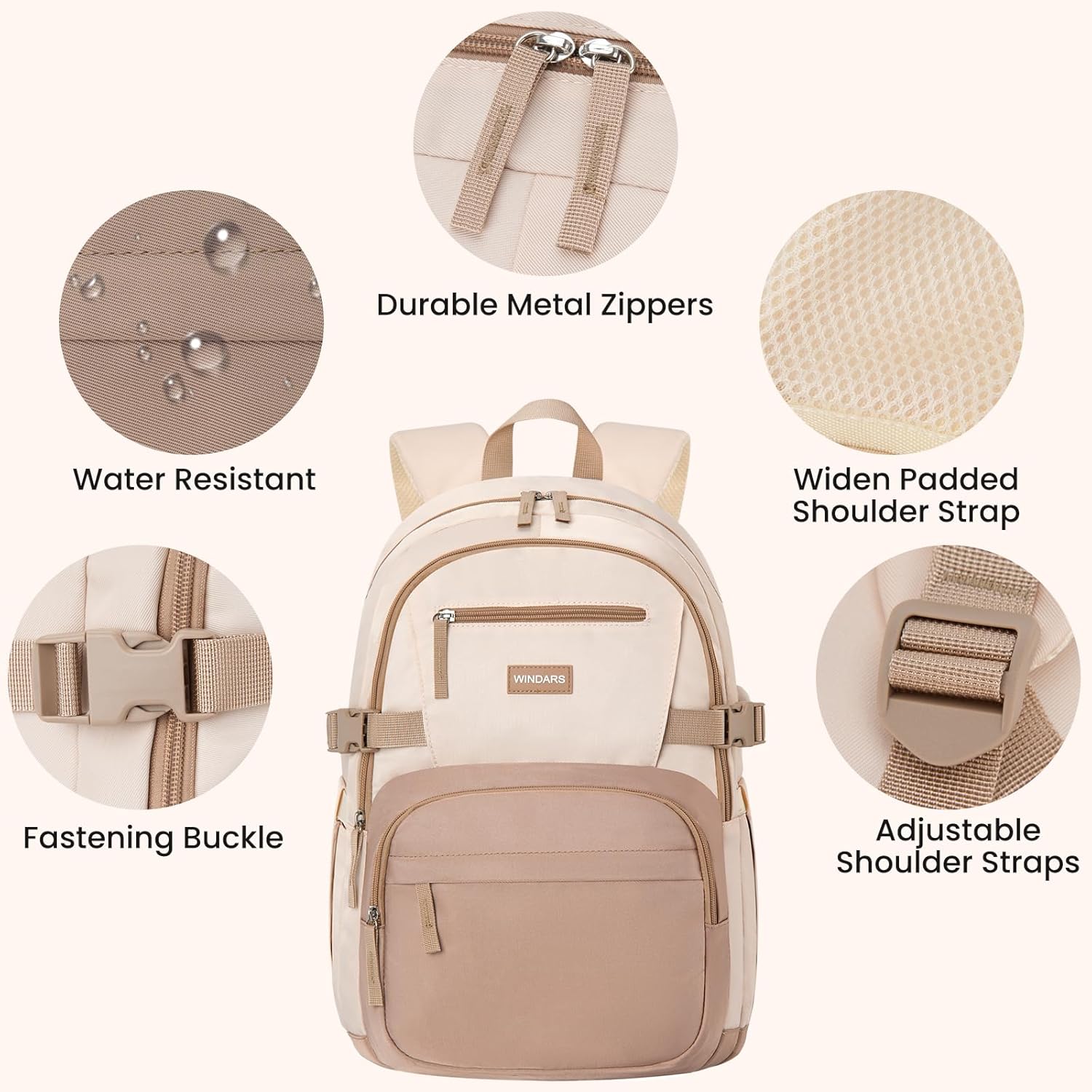 WINDARS Backpack for School Girls, Cute High School Backpacks for Teens Women Student Large Bookbag 15.6 Inch Laptop Bag with USB Charger Port for College Work Travel Trip (Beige Khaki) - Image 4