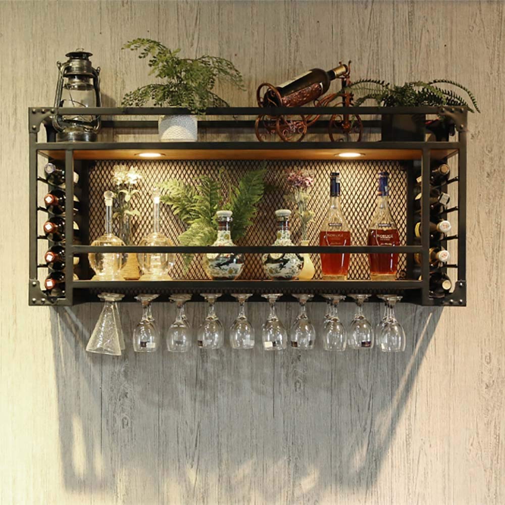 Botellero de vino de metal montado en la pared con soporte para 30 copas de vino y 10-25 botellas de vino para el hogar, cocina, bar, color negro, 80 x 55 x 30 cm