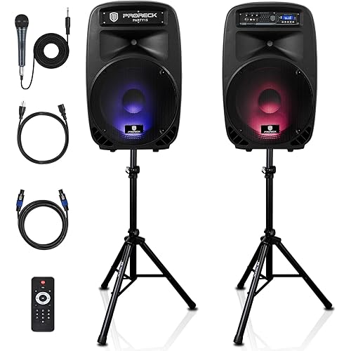 PRORECK Party 15 Portable 15-Inch 2000 Watt 2-Way Powered PA Speaker System Combo Set with Bluetooth/USB/SD Card Reader/FM Radio/Remote Control/LED Light