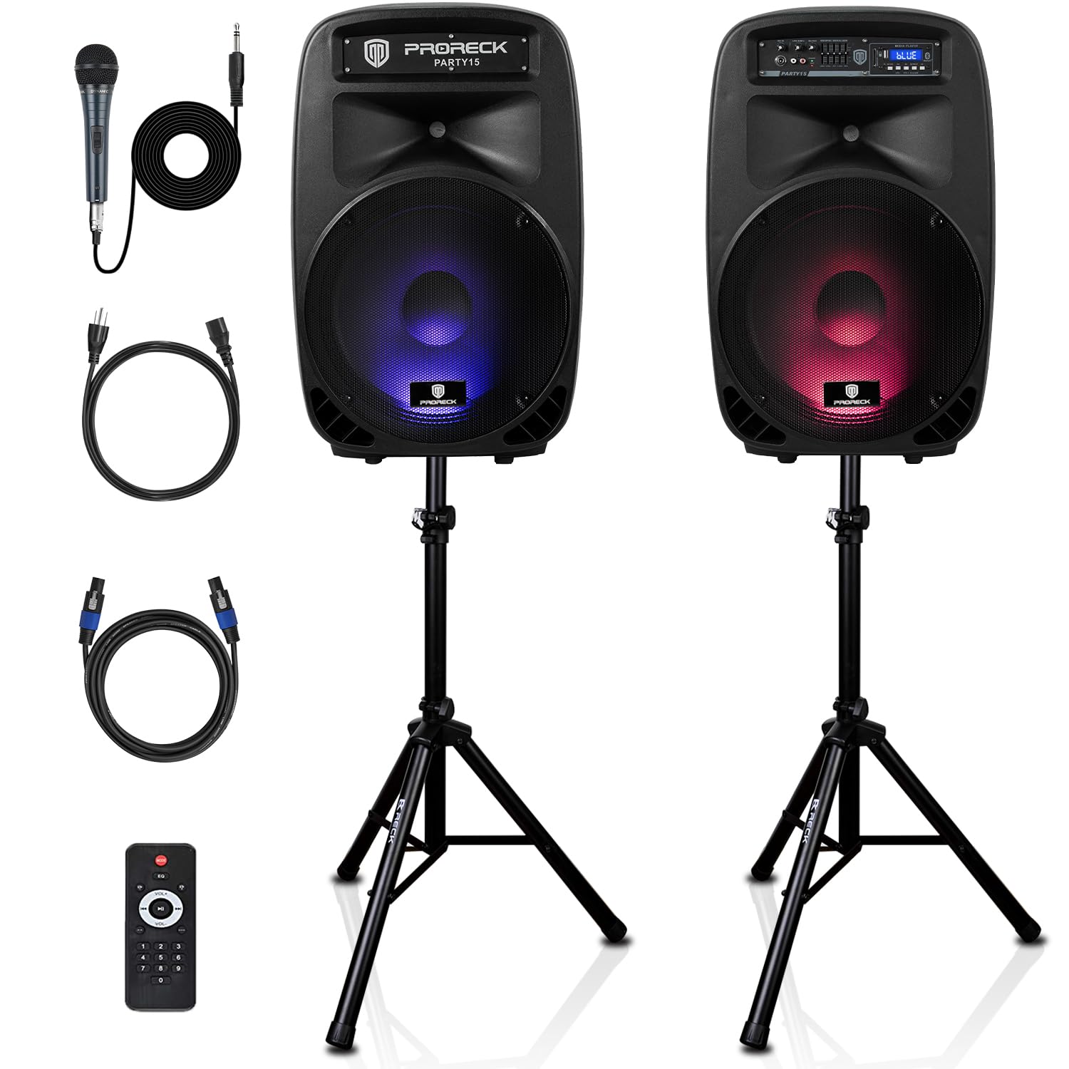 Party 15 Portable 15-Inch 2000 Watt 2-Way Powered PA Speaker System Combo Set with Bluetooth/USB/SD Card Reader/FM Radio/Remote Control/LED Light