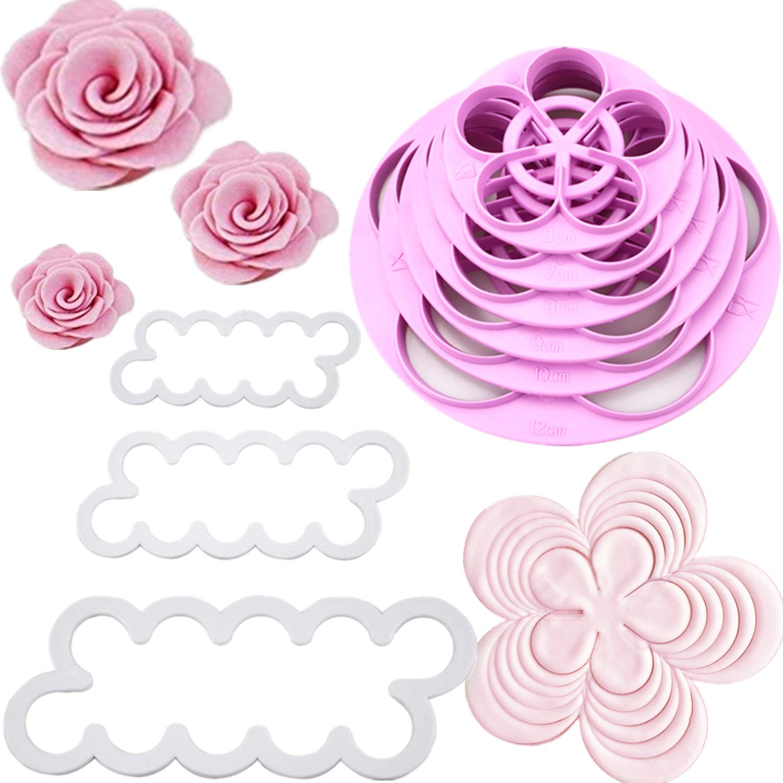 (2 Pack) Plastic Rose Flower Cutters Modelling Tools Gumpaste Rose Petal Cutters for Cake Cupcake Toppers Fondant Cake Decoration, Make 2 Styles of Rose