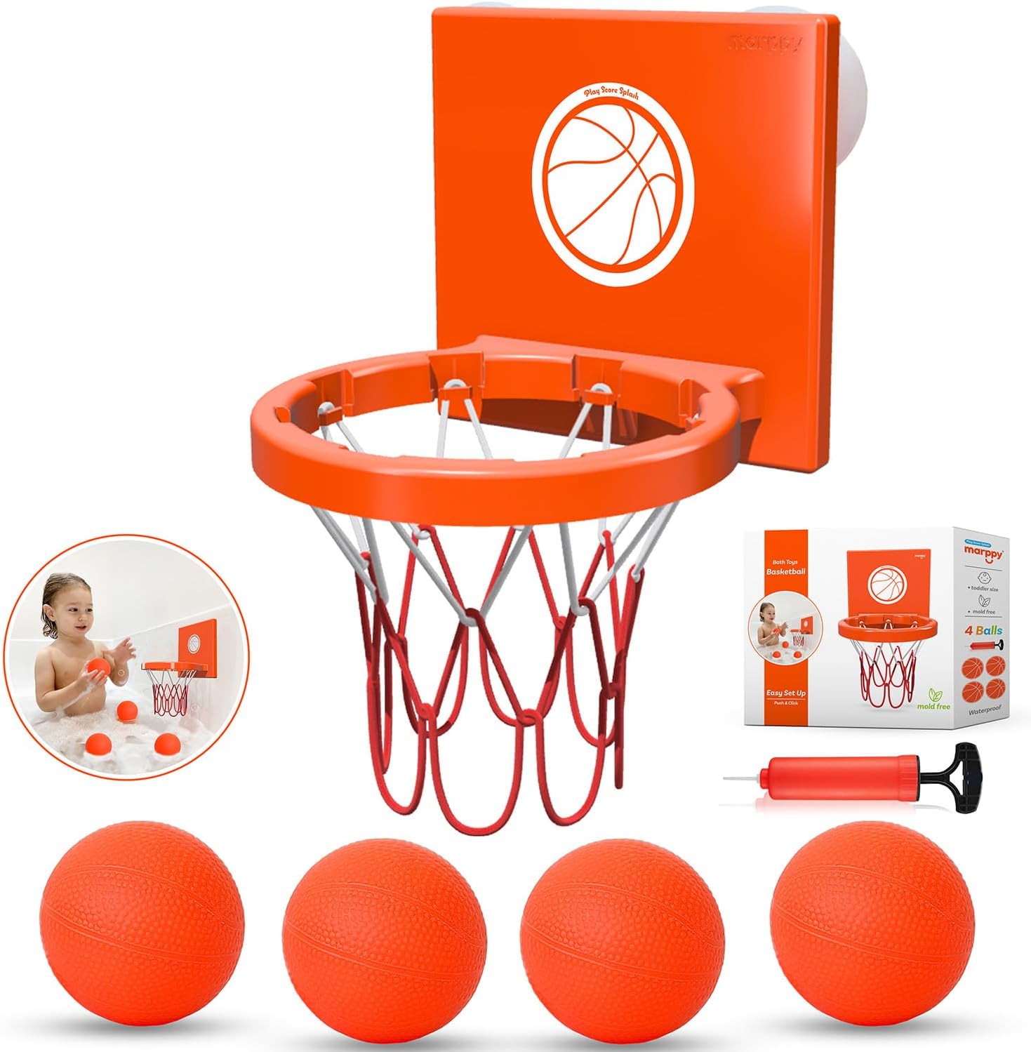 MARPPY Bath Toys - Bathtub Basketball Hoop for Toddlers Kids | Suction Cups Baby Mini Basketball Hoop with 4 Soft Balls | Fun Bath Toy for Boys and Girls