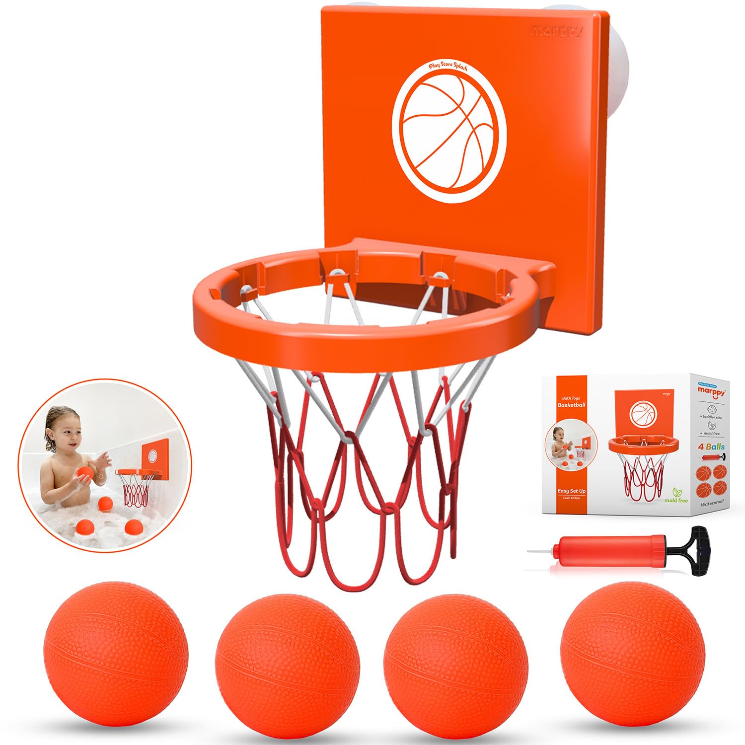 Bath Toys - Bathtub Basketball Hoop for Toddlers Kids | Suction Cups Baby Mini Basketball Hoop with 4 Soft Balls | Fun Bath Toy for Boys and Girls