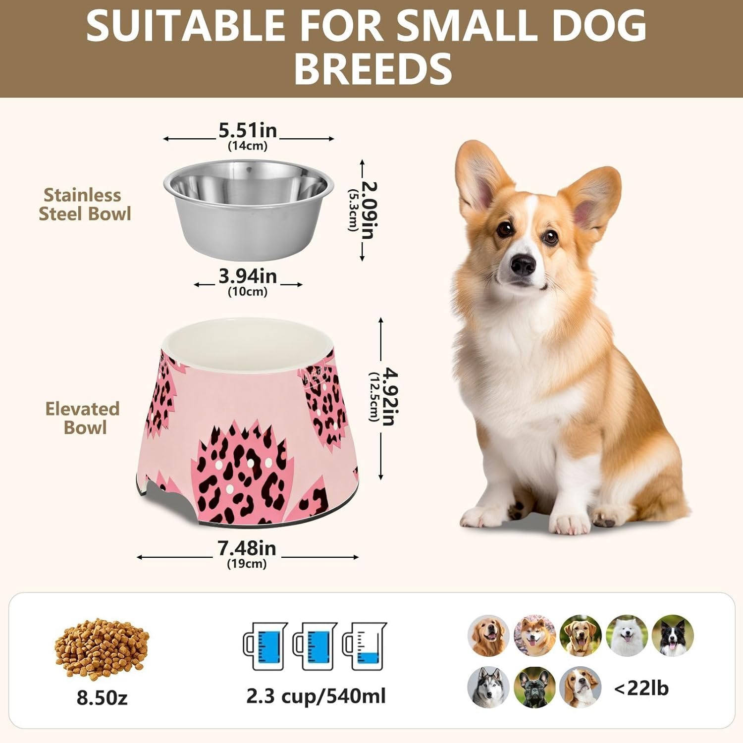 Pink Cherry Blossom Leopard Print Bowl for Pets Non Skid Stainless Steel Pets Basic Bowls for Loving Pet Whisker Relief platos de comida para Gatos