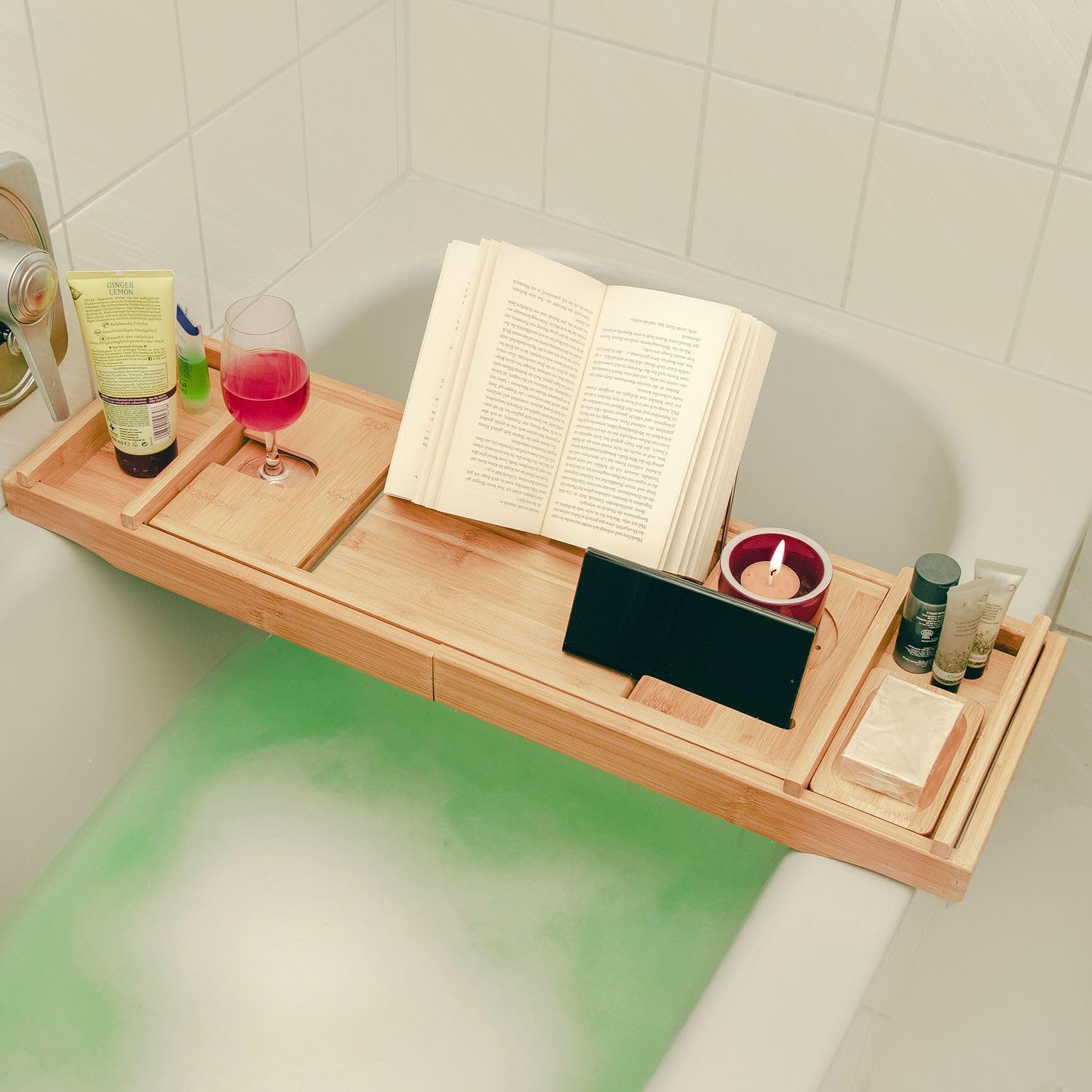 Bambus Badewannenablage Verstellbar 73-110cm | Mit Tablet Halter & Weinglas Aufnahme