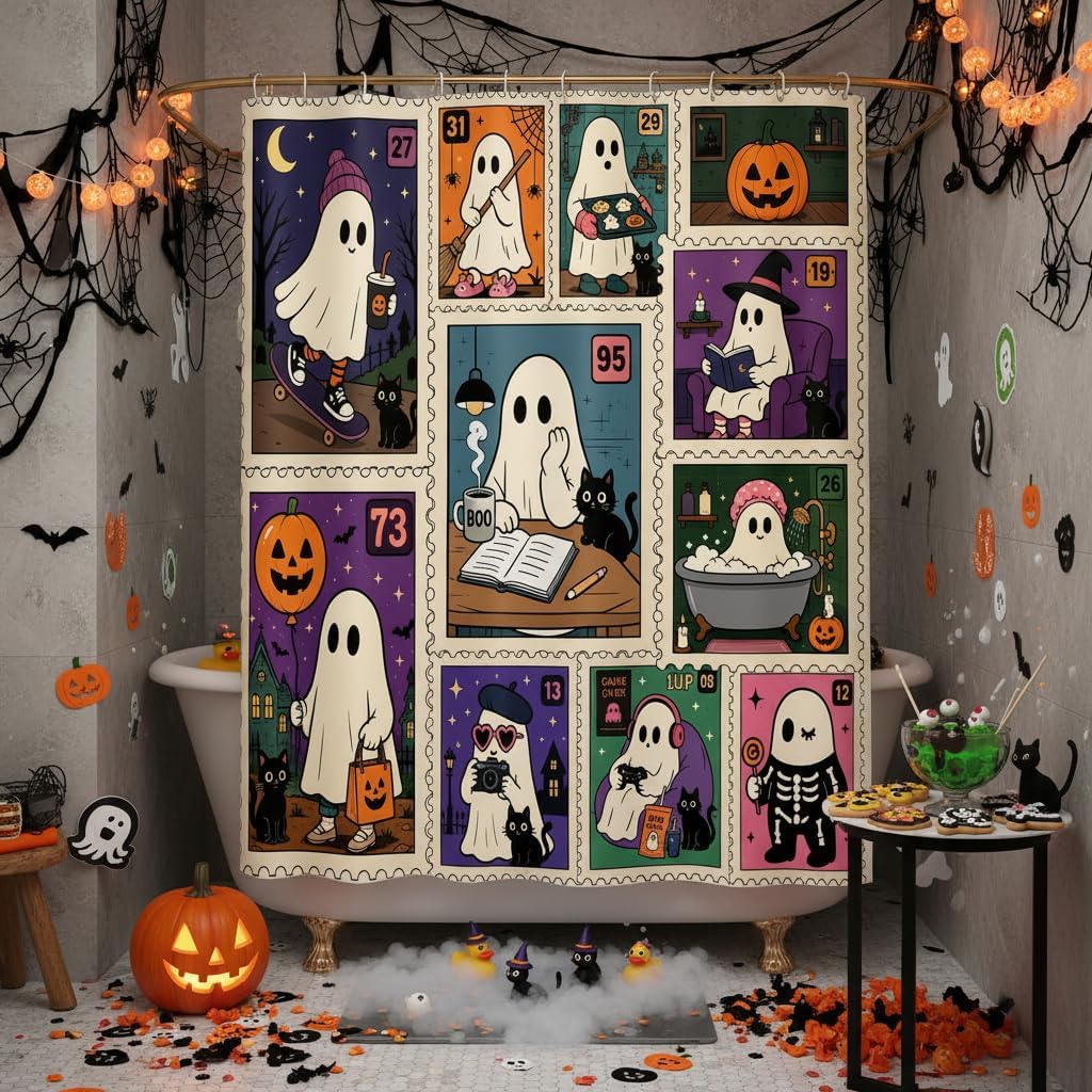 Halloween Ghost Shower Curtain, Cute Spooky Bats Cartoon Home Bath Decor, Funny Black Cat Pumpkin Bathroom Curtain for Kids Halloween Party Decorations, 72 X 72 Inch