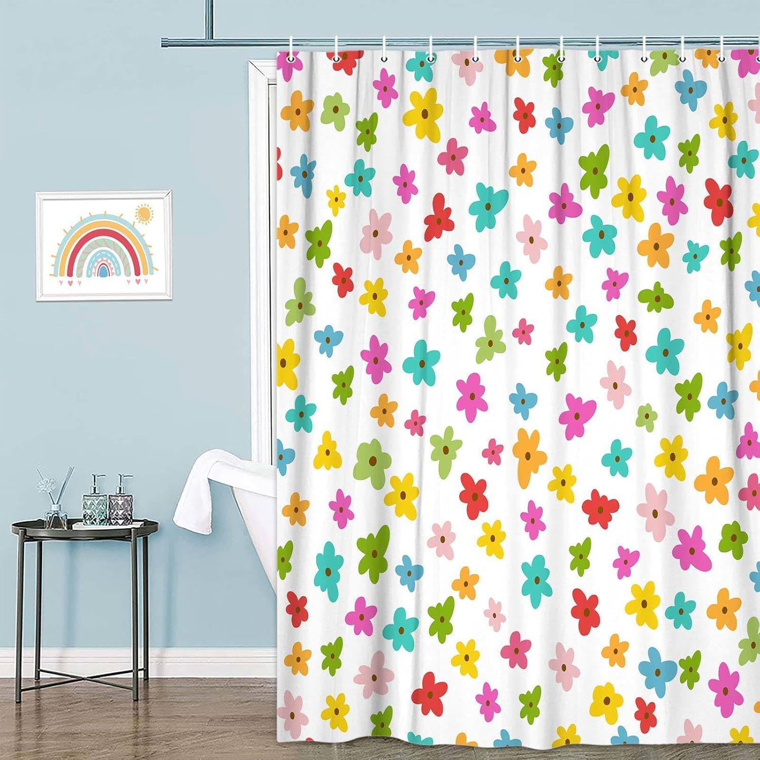 Kids Rainbow Floral Shower Curtains, Retro Colorful Spring Flowers Bath Curtain, White Modern Restroom Waterproof Polyester Fabric Shower Curtain Set with 12 Hooks,72X72IN