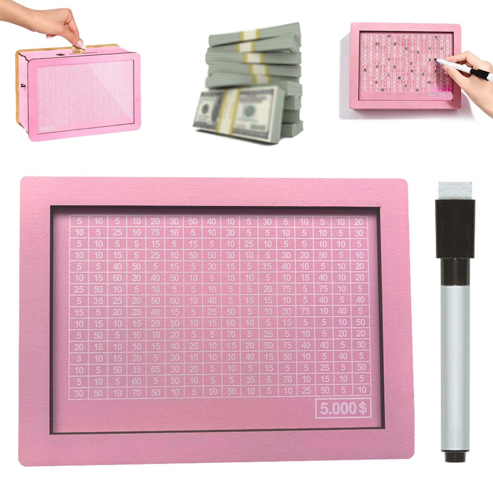 Mcprilyndra 5000 Cash Vault Wooden Savings Box Pink, 2026 New Cash Savings Challenge Box, Wooden Cashs Saver Money Boxs With Money Target And Numbers, Reusable Coin Counter Piggy Bank (5000)
