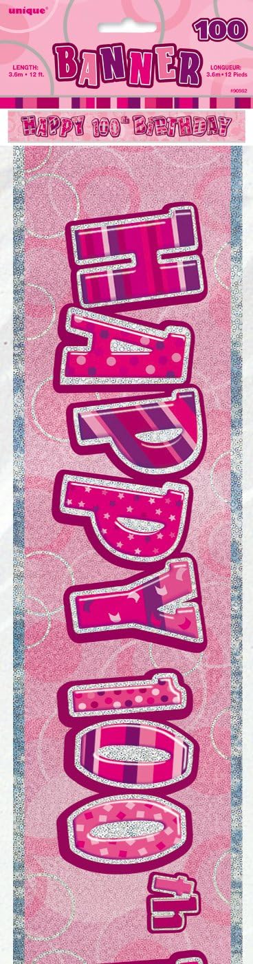 Unique Party 90982-12ft Foil Glitz Pink 100th Birthday Banner