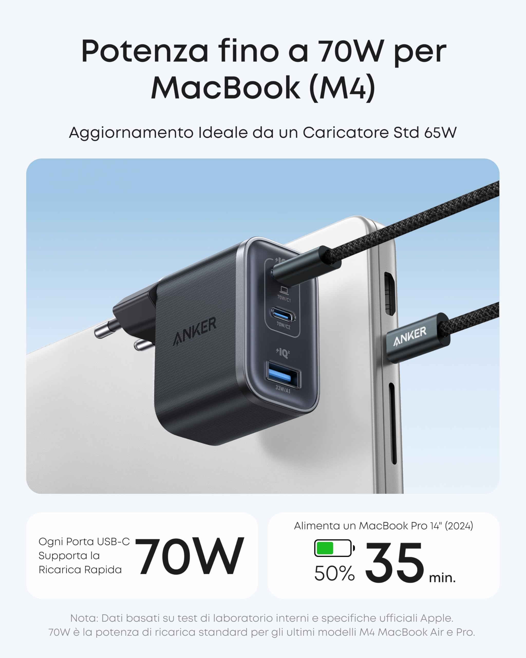 Anker Caricatore USB C 70W 3 Porte PIQ 3.0 per iPhone 17 Pro Max MacBook Pro iPad Galaxy Pixel Nero