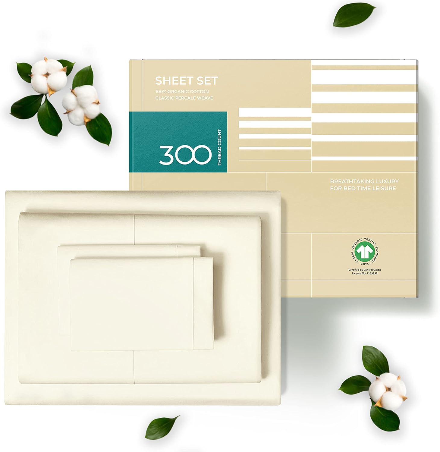 THREAD SPREAD 100% Organic Cotton Bed Sheet Set - Crisp and Cooling Percale Weave, Soft Breathable, Eco-Friendly, 4 Piece Bedding Set, Deep Pocket with All-Around Elastic, (King, Ivory)
