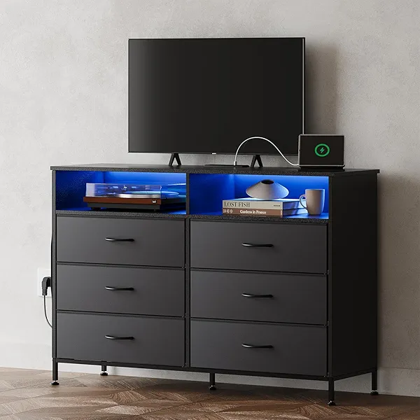 OtterOasis Dresser for Bedroom with LED Lights and Charging Station, Fabric Black Bedroom Dresser 6 Long Drawers Dressers, Tall Wide Chest of Drawers TV Stand