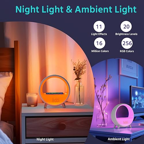 Miniatura 5 de Reloj despertador Sunrise con estación de carga inalámbrica, máquina de sonido con altavoz Bluetooth, 15 máquinas de ruido blanco y lámpara de mesa