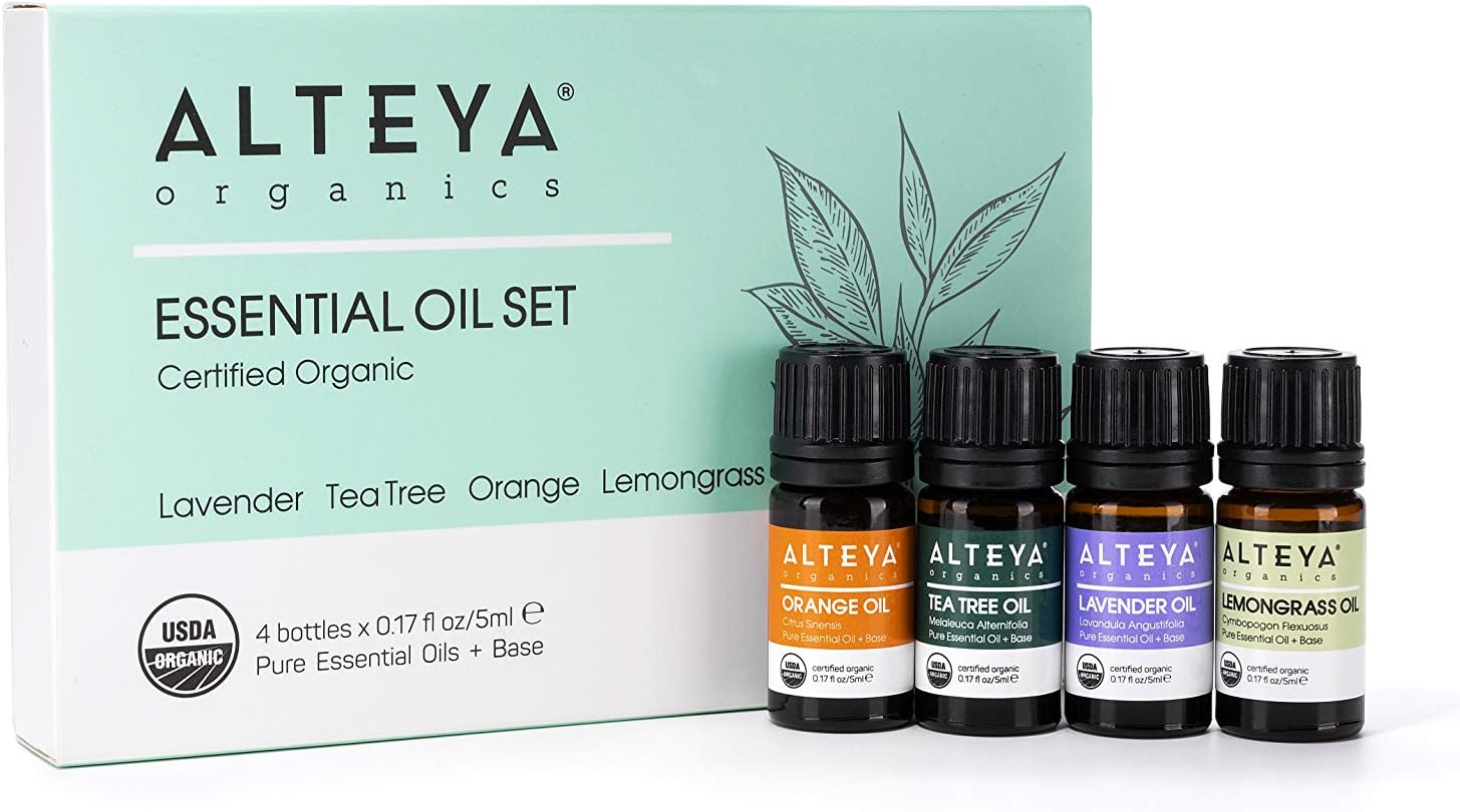 Alteya Essential Oil Set Grattitude USDA Certified Organic Lavender – Tea Tree- Orange – Lemongrass, 5 ml Aromatherapy