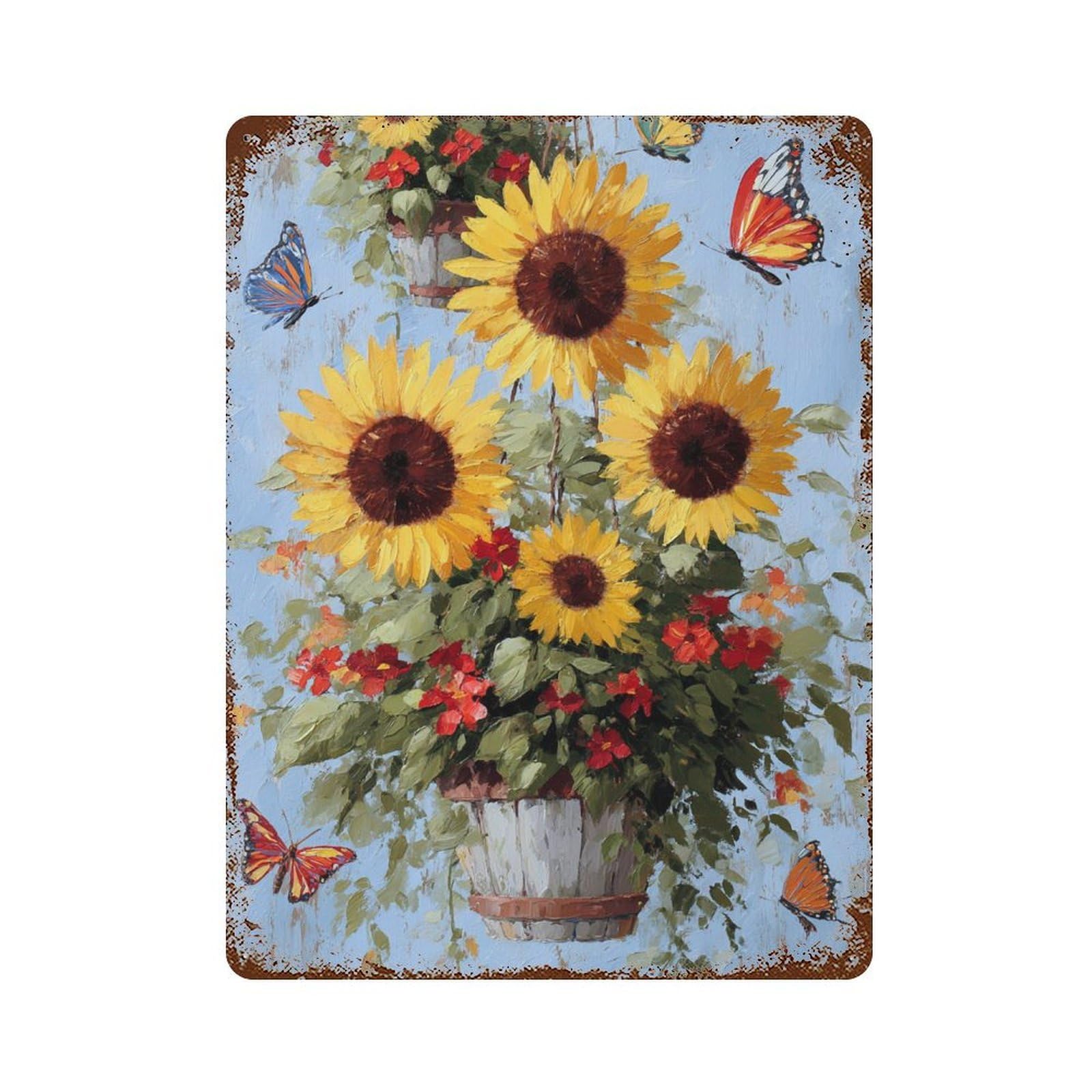 Sunflower Basket with Butterflies 15.7"x11.8" Weathered Tin Sign, Shabby Chic Decor for Farmhouse, Kitchen And Entryway Decor