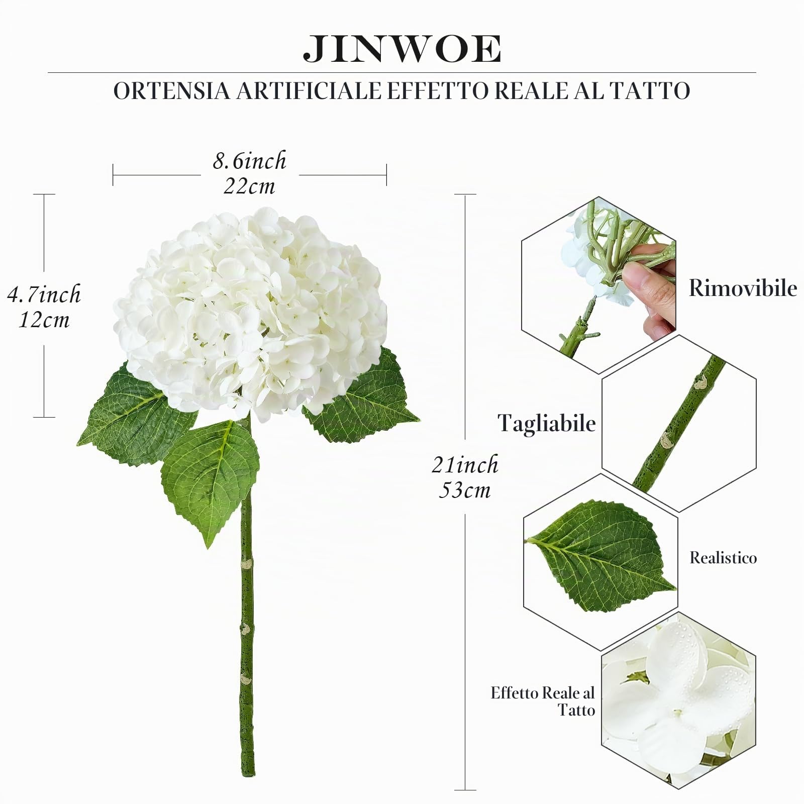 JINWOE Fiori artificiali di ortensia bianca, 3 pezzi, grandi 53,3 cm, realistici fiori di seta in lattice di seta, fiori finti realistici, per bouquet di nozze primaverili, centrotavola, interni e