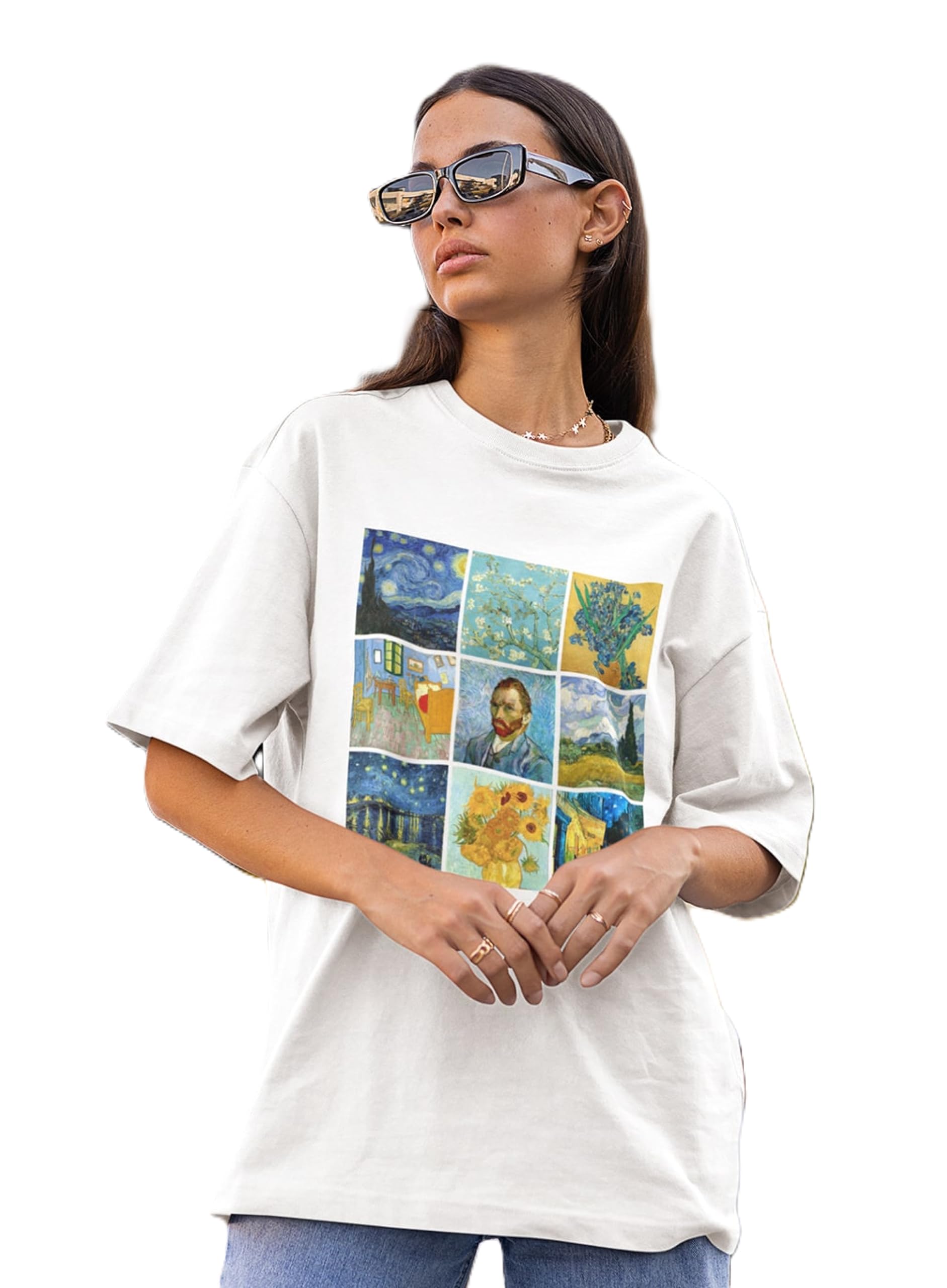 Women's Oversized Fit Art T-Shirt - Van Gogh Masterpiece Collage Print (White)-picture-48